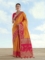 Monjolika Fashion Orange Banarasi Silk Saree With Zari Woven Design | Grocsy