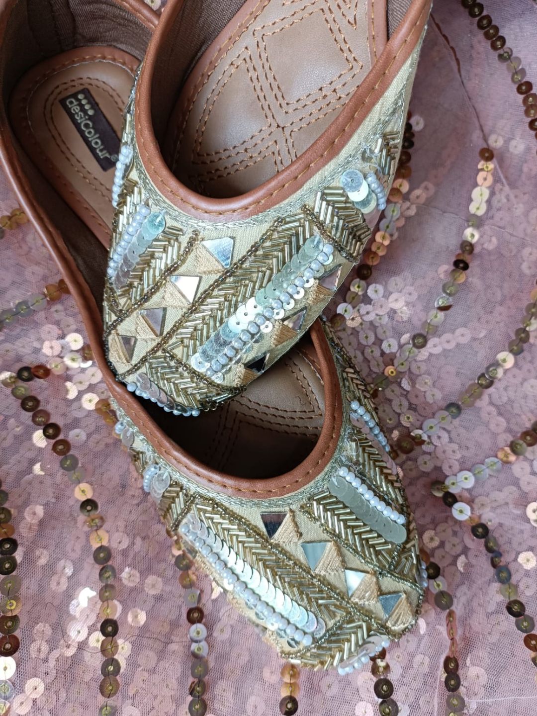 Desi Colour Women Indian Ethnic Footwear-Golden Mirror Emb | Grocsy