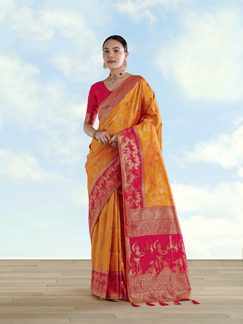 Monjolika Fashion Orange Banarasi Silk Saree With Zari Woven Design | Grocsy