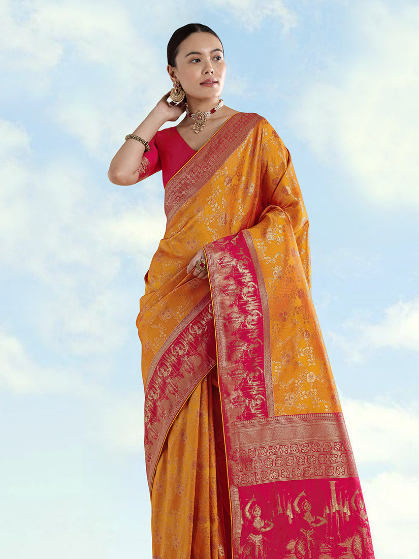 Monjolika Fashion Orange Banarasi Silk Saree With Zari Woven Design | Grocsy