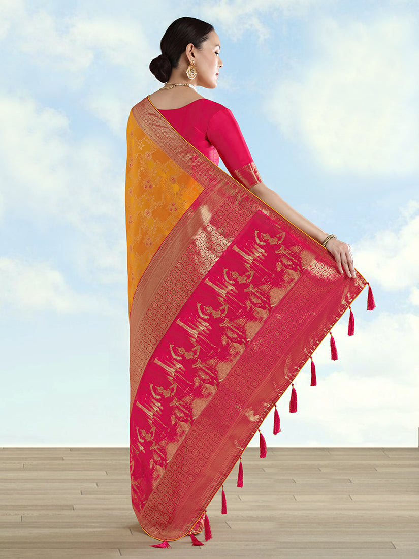 Monjolika Fashion Orange Banarasi Silk Saree With Zari Woven Design | Grocsy