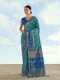 Monjolika Fashion Turquoise Banarasi Silk Saree With Zari Woven Design | Grocsy