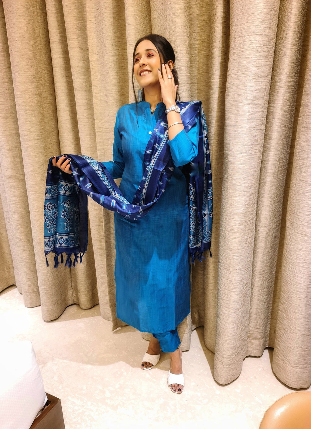 Jompers Women Blue & Green Self-Striped Kurta with Trousers & Printed Art Silk Dupatta | Grocsy
