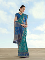 Monjolika Fashion Turquoise Banarasi Silk Saree With Zari Woven Design | Grocsy
