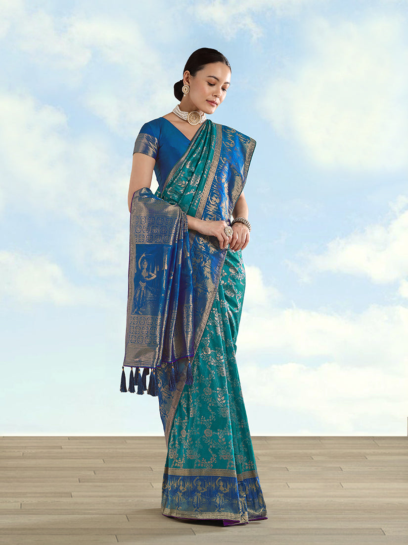 Monjolika Fashion Turquoise Banarasi Silk Saree With Zari Woven Design | Grocsy