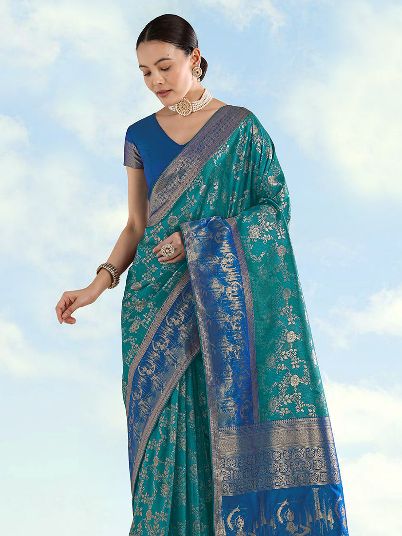 Monjolika Fashion Turquoise Banarasi Silk Saree With Zari Woven Design | Grocsy