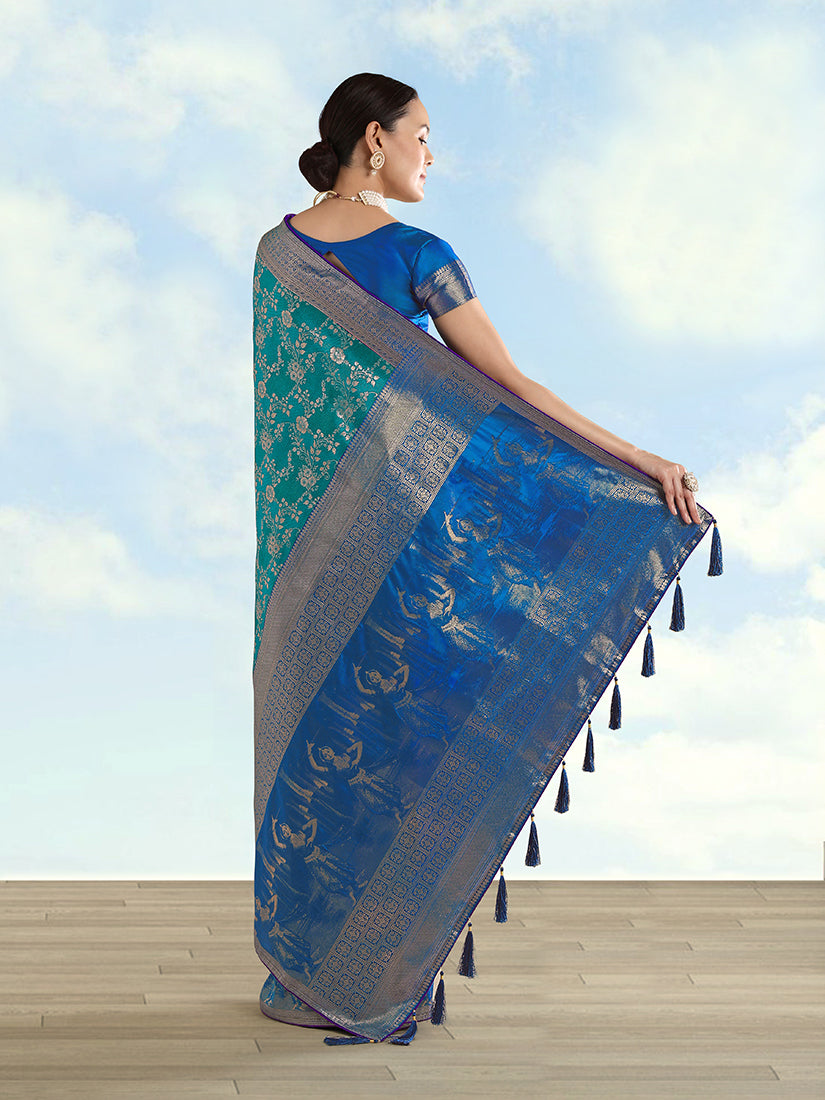 Monjolika Fashion Turquoise Banarasi Silk Saree With Zari Woven Design | Grocsy
