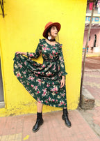 Jompers Women's Green & Pink Floral Printed Bell Sleeves Floral Anarkali Kurta | Grocsy