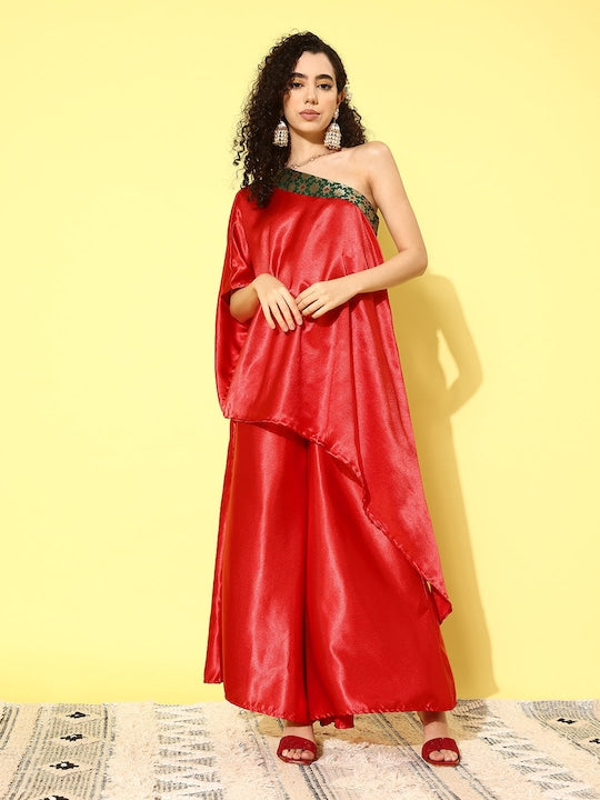 InWeave Women's Red Green Brocade Satin Oneshoulder Kurta Set | Grocsy