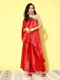 InWeave Women's Red Green Brocade Satin Oneshoulder Kurta Set | Grocsy