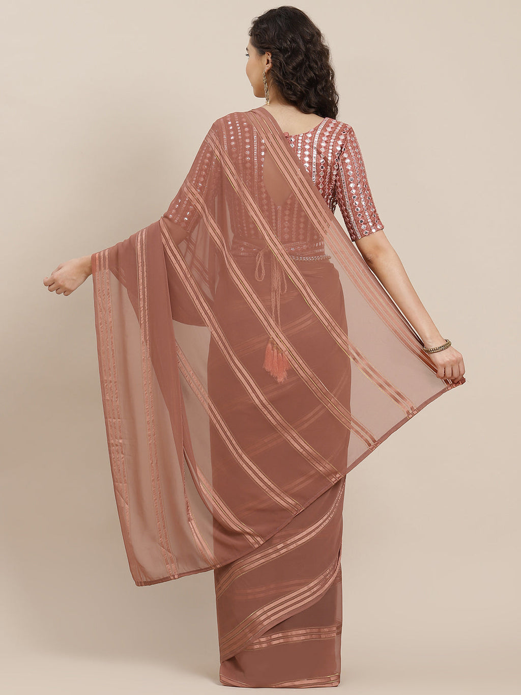 Saree Mall Brown Striped Mirror Work Saree | Grocsy