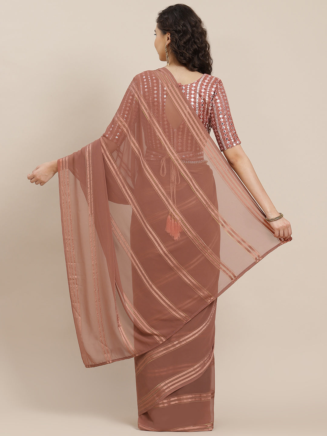 Saree Mall Brown Striped Mirror Work Saree | Grocsy