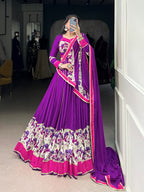 Lorenvalley Fashion Purple Pure Rayon Printed And Original Mirror Hand Work With Lace Touch Up Lehenga Choli with Dupatta | Grocsy