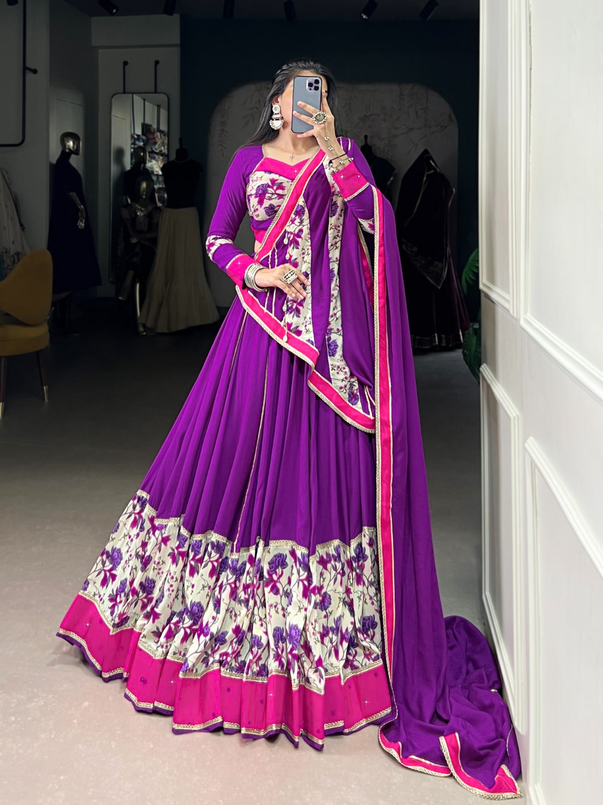 Lorenvalley Fashion Purple Pure Rayon Printed And Original Mirror Hand Work With Lace Touch Up Lehenga Choli with Dupatta | Grocsy