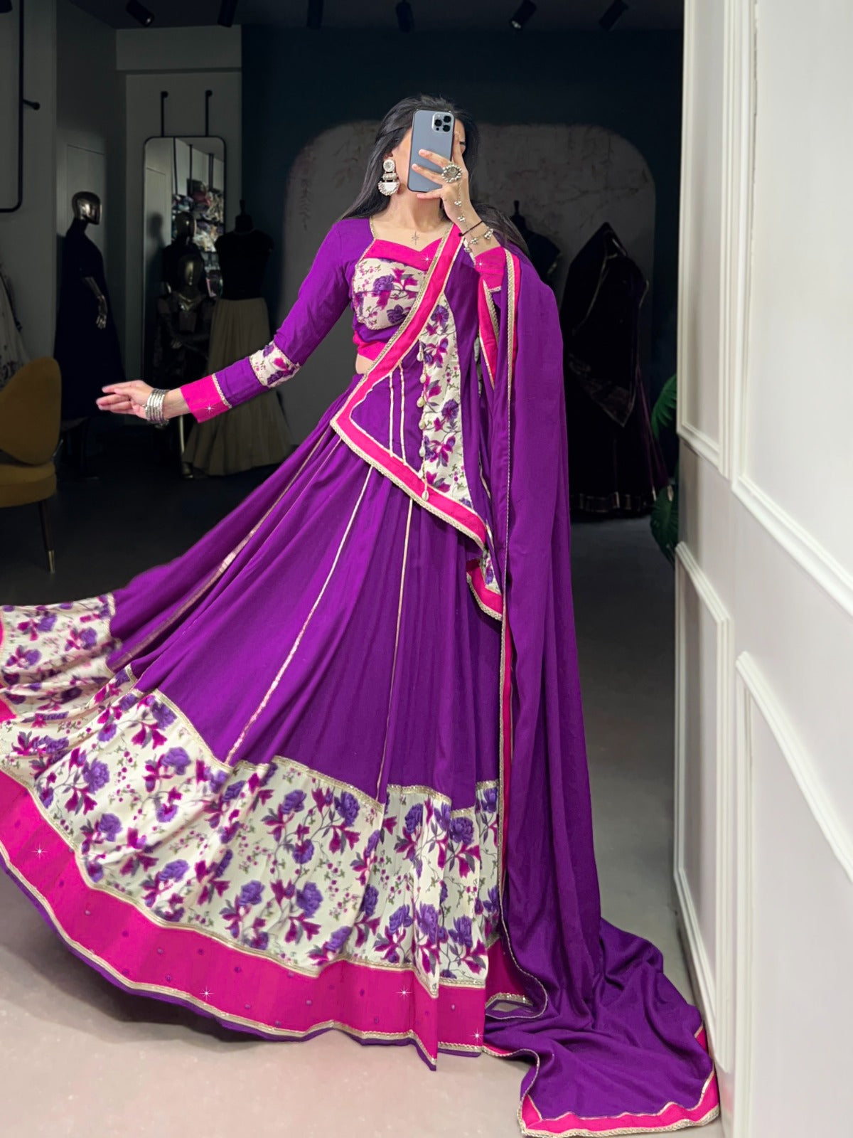 Lorenvalley Fashion Purple Pure Rayon Printed And Original Mirror Hand Work With Lace Touch Up Lehenga Choli with Dupatta | Grocsy