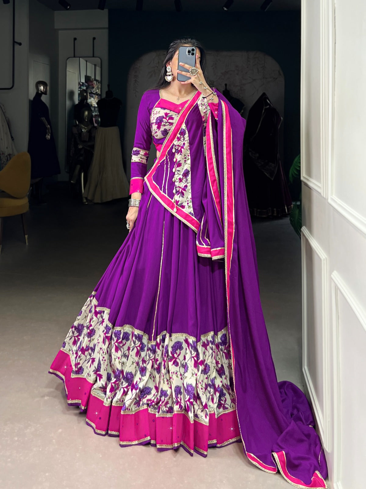 Lorenvalley Fashion Purple Pure Rayon Printed And Original Mirror Hand Work With Lace Touch Up Lehenga Choli with Dupatta | Grocsy