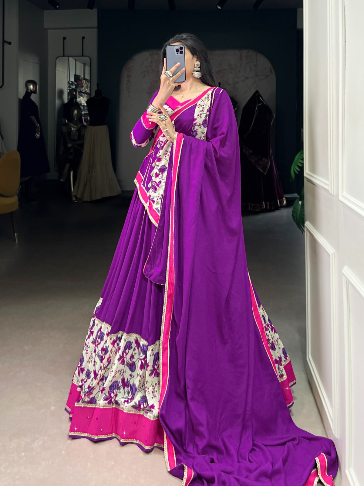 Lorenvalley Fashion Purple Pure Rayon Printed And Original Mirror Hand Work With Lace Touch Up Lehenga Choli with Dupatta | Grocsy