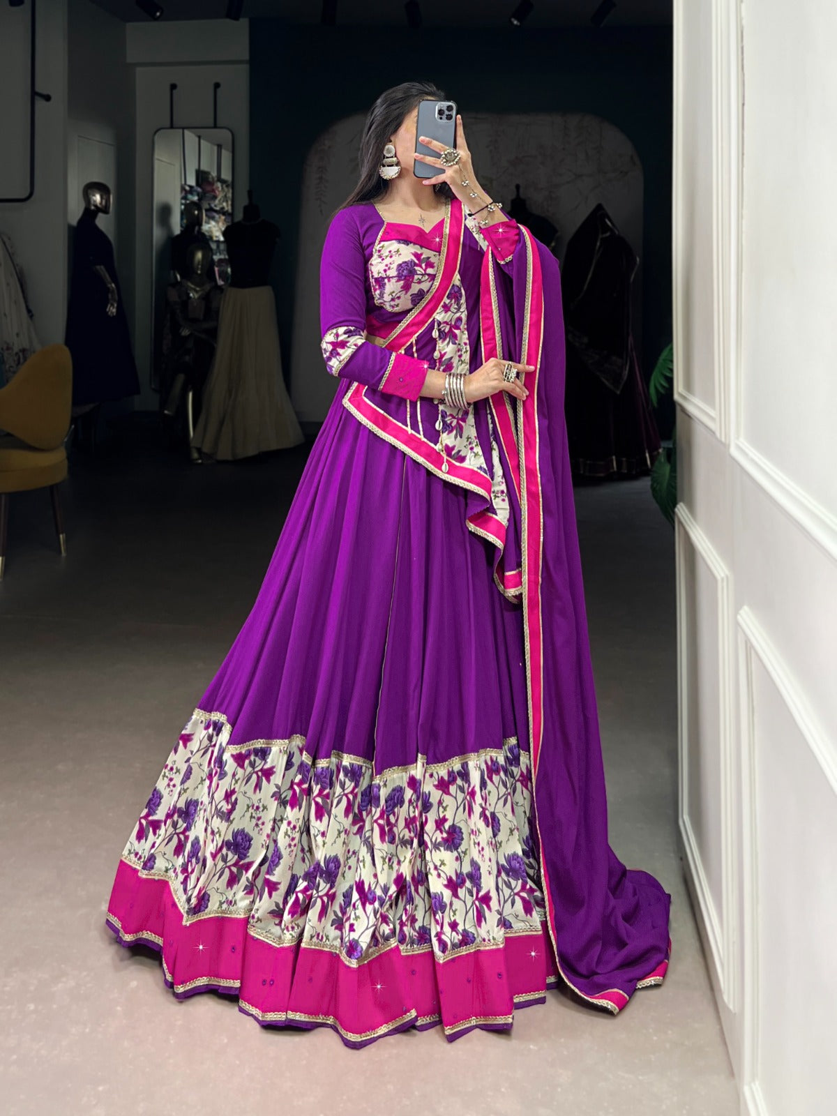 Lorenvalley Fashion Purple Pure Rayon Printed And Original Mirror Hand Work With Lace Touch Up Lehenga Choli with Dupatta | Grocsy