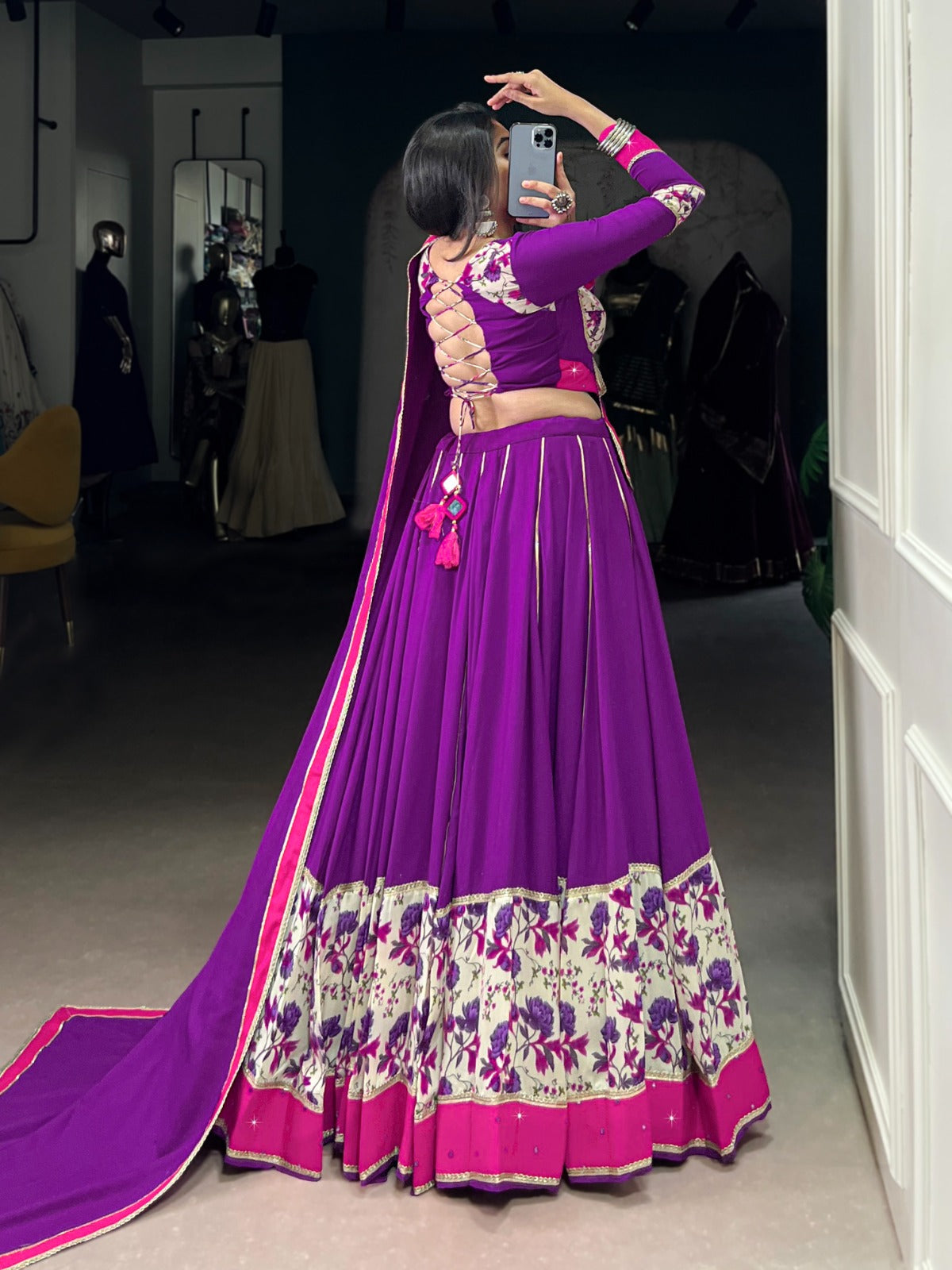 Lorenvalley Fashion Purple Pure Rayon Printed And Original Mirror Hand Work With Lace Touch Up Lehenga Choli with Dupatta | Grocsy