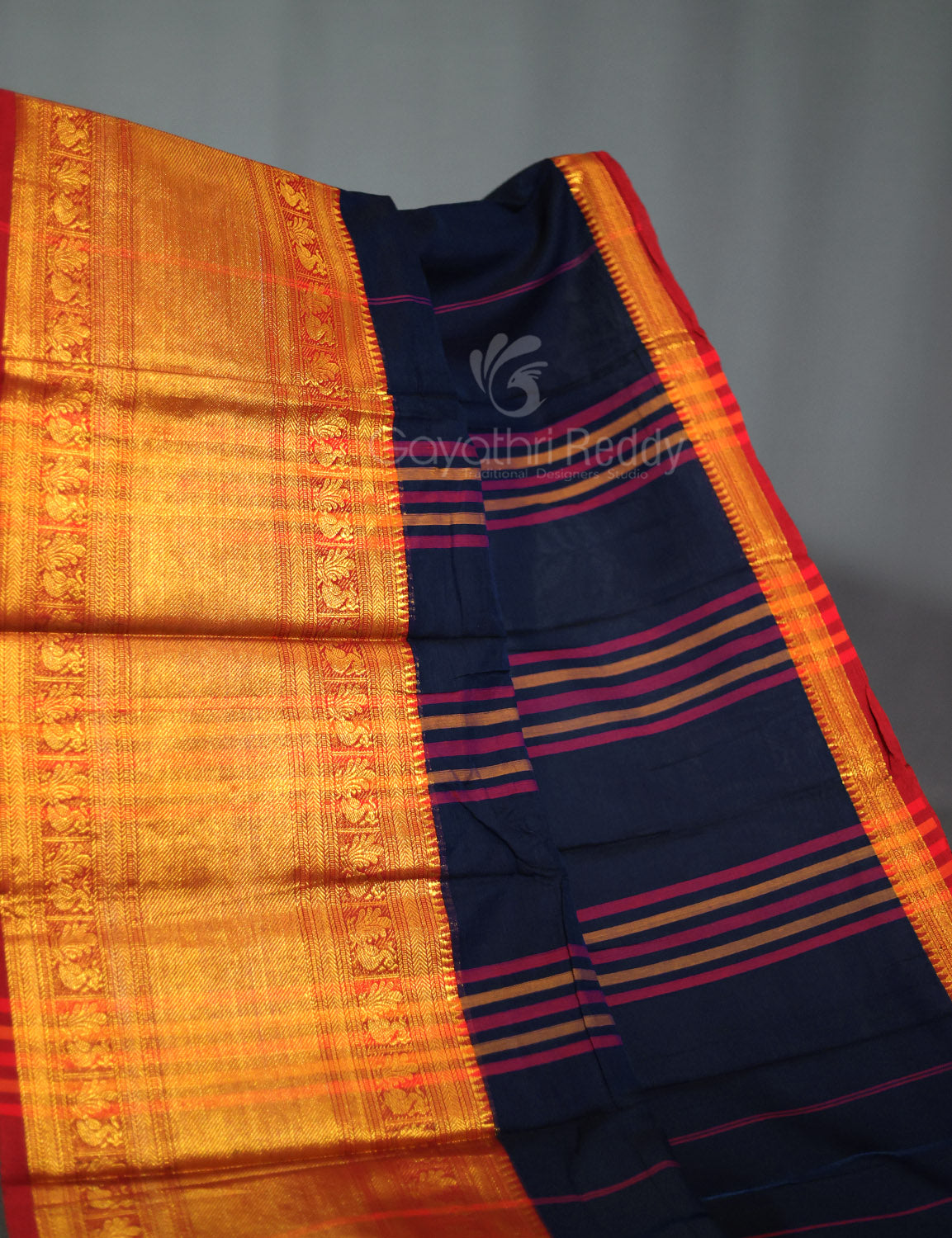 Kalanetha Navy Blue With Zari Kanchi Style Pure Narayanpet Cotton Saree By Gayathri Reddy Designer Studio | Grocsy