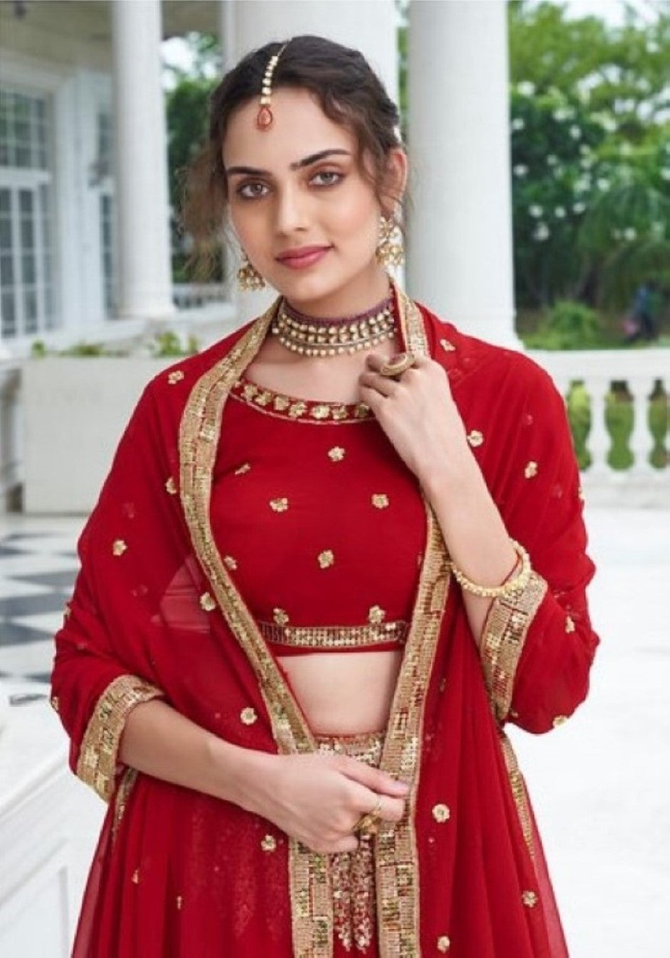Anaita Red Georgette Lehenga Choli With Sequence & Thread Work | Grocsy