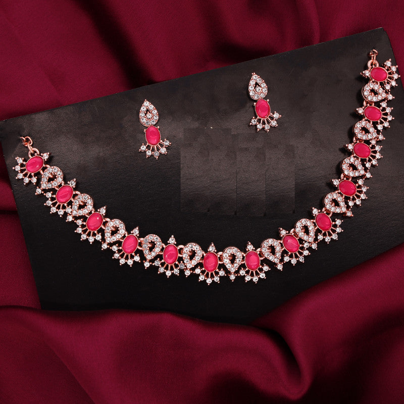 Tehzeeb Creations Pink Colour Ad Studded Necklace Jewellery Set With Matching Earrings For Women And Girls | Grocsy