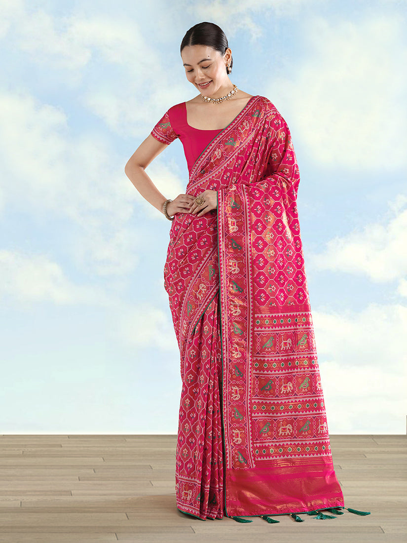 Monjolika Fashion Rani Pink Satin Silk Saree With Patola Work And Elephant Motifs | Grocsy