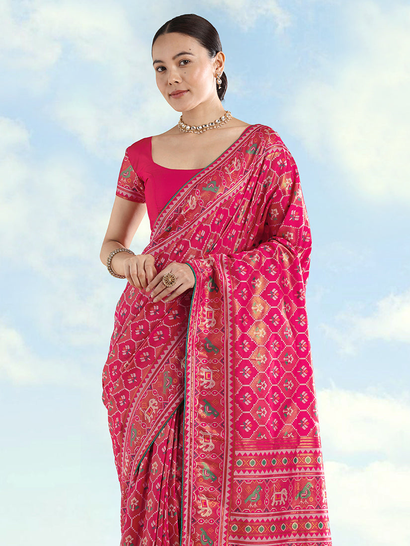 Monjolika Fashion Rani Pink Satin Silk Saree With Patola Work And Elephant Motifs | Grocsy