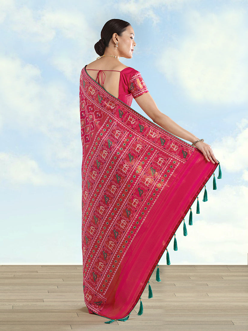 Monjolika Fashion Rani Pink Satin Silk Saree With Patola Work And Elephant Motifs | Grocsy