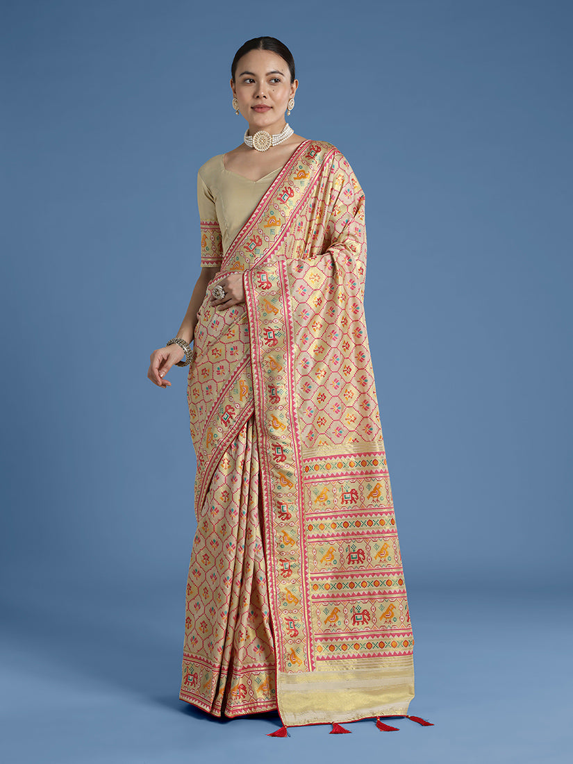 Monjolika Fashion Cream Satin Silk Saree With Patola Work And Elephant Motifs | Grocsy