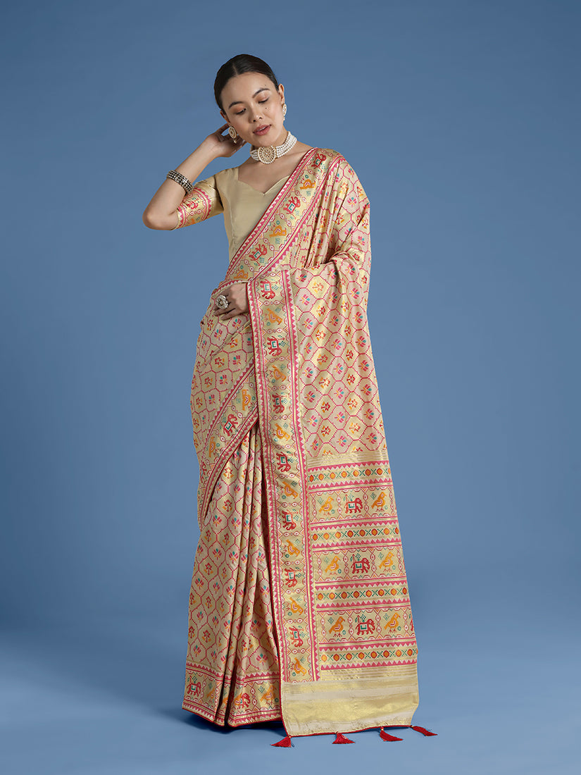 Monjolika Fashion Cream Satin Silk Saree With Patola Work And Elephant Motifs | Grocsy
