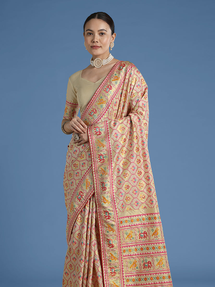 Monjolika Fashion Cream Satin Silk Saree With Patola Work And Elephant Motifs | Grocsy