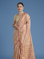 Monjolika Fashion Cream Satin Silk Saree With Patola Work And Elephant Motifs | Grocsy