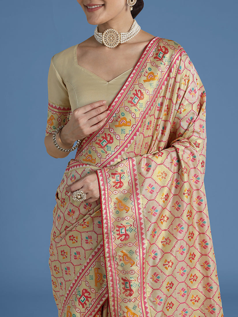 Monjolika Fashion Cream Satin Silk Saree With Patola Work And Elephant Motifs | Grocsy