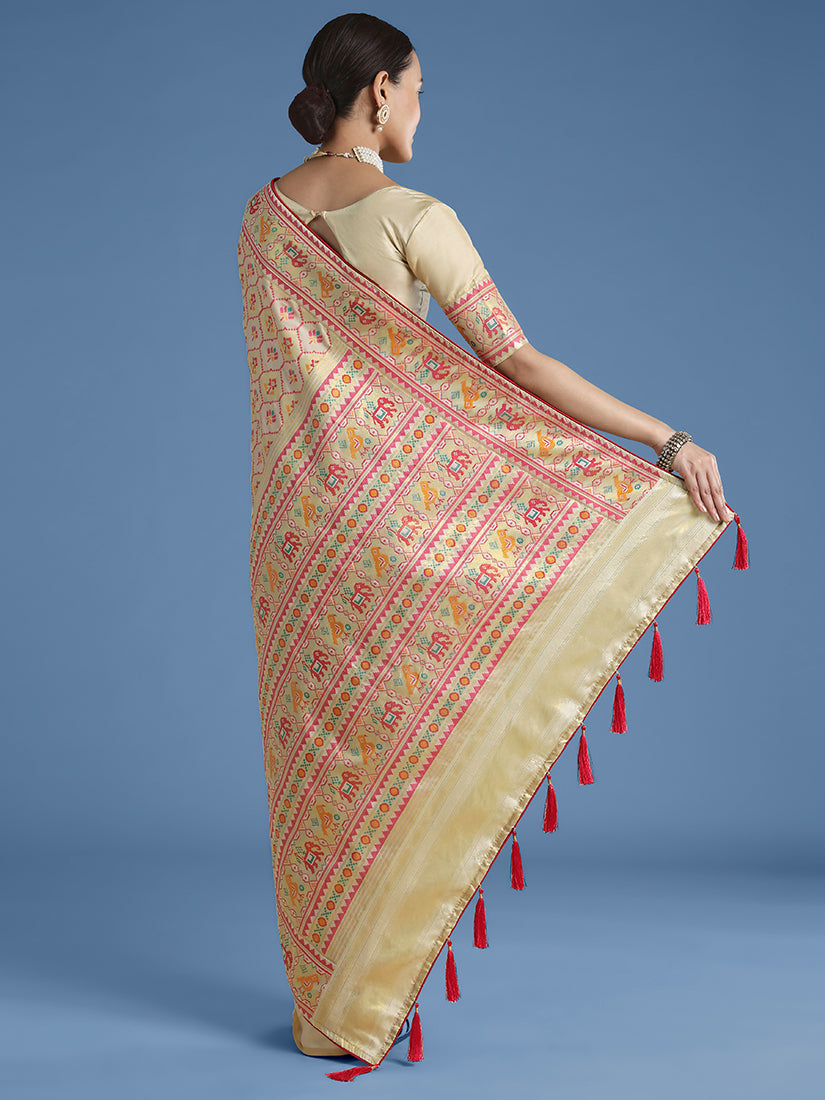 Monjolika Fashion Cream Satin Silk Saree With Patola Work And Elephant Motifs | Grocsy