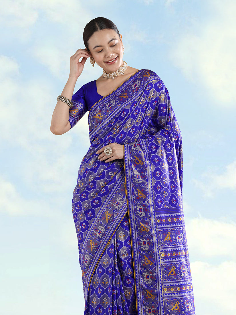Monjolika Fashion Navy Blue Satin Silk Saree With Patola Work And Elephant Motifs | Grocsy