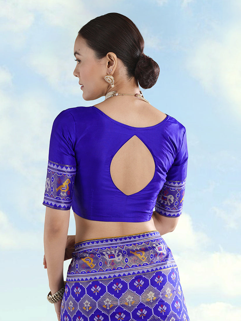 Monjolika Fashion Navy Blue Satin Silk Saree With Patola Work And Elephant Motifs | Grocsy