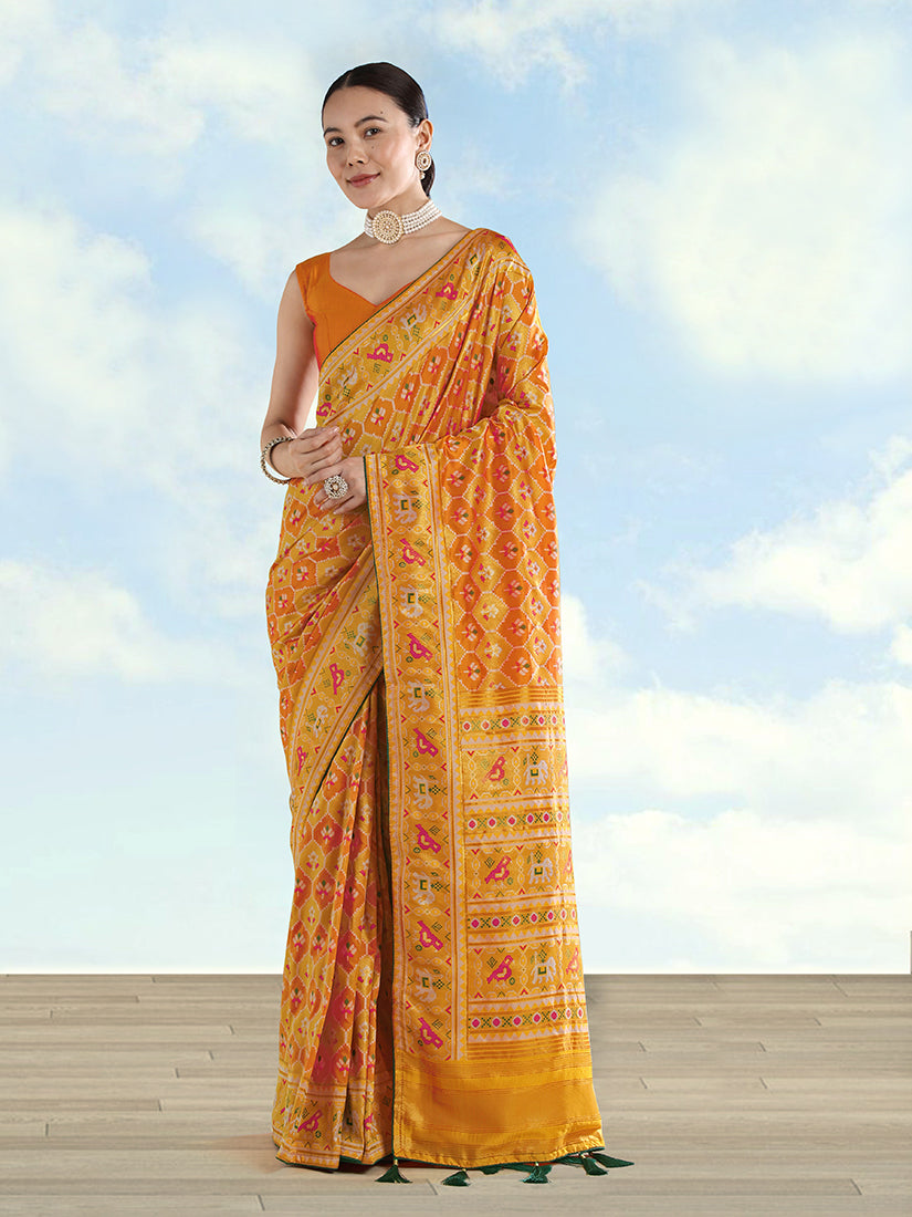 Monjolika Fashion Mustard Satin Silk Saree With Patola Work And Elephant Motifs | Grocsy