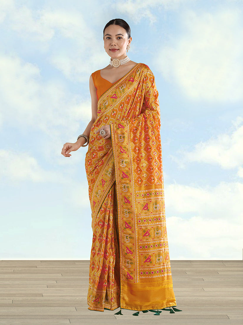 Monjolika Fashion Mustard Satin Silk Saree With Patola Work And Elephant Motifs | Grocsy