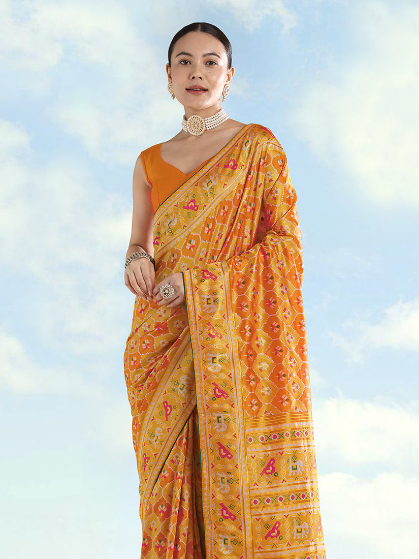 Monjolika Fashion Mustard Satin Silk Saree With Patola Work And Elephant Motifs | Grocsy