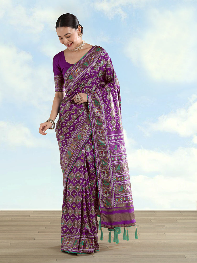 Monjolika Fashion Purple Satin Silk Saree With Patola Work And Elephant Motifs | Grocsy