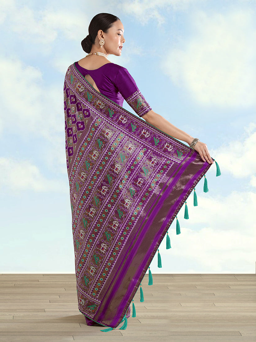 Monjolika Fashion Purple Satin Silk Saree With Patola Work And Elephant Motifs | Grocsy