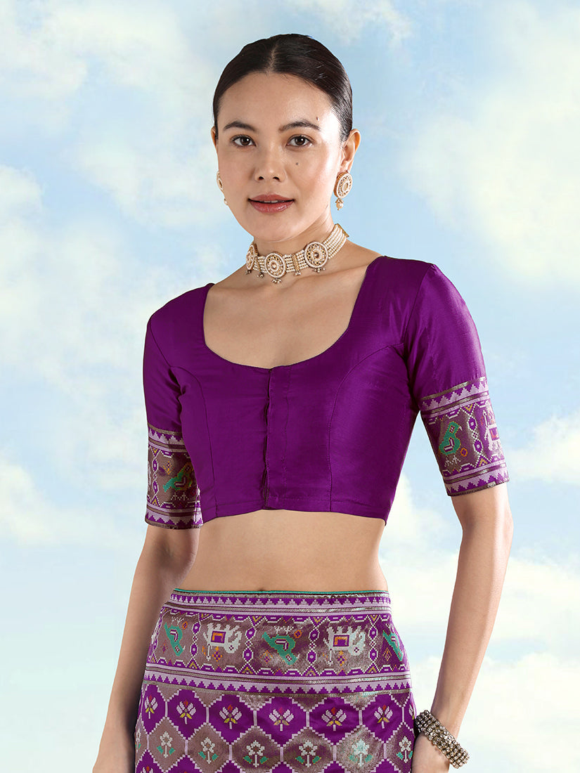 Monjolika Fashion Purple Satin Silk Saree With Patola Work And Elephant Motifs | Grocsy