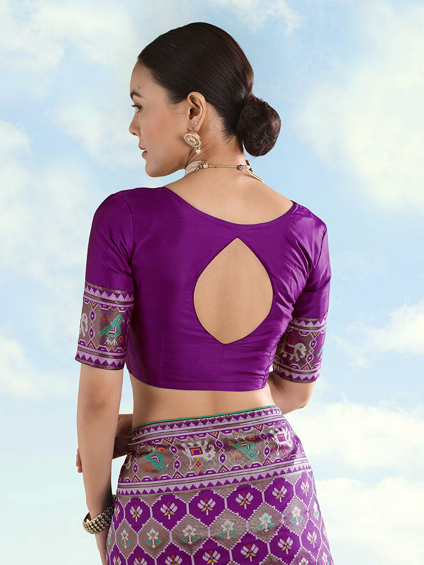 Monjolika Fashion Purple Satin Silk Saree With Patola Work And Elephant Motifs | Grocsy