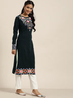 Sangria Women Teal Green & Pink Geometric Printed Straight Winter Kurta | Grocsy