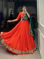 Lorenvalley Orange Pure Rayon Embossed Design Lace Touch Up Lehenga Choli with Dupatta | Grocsy