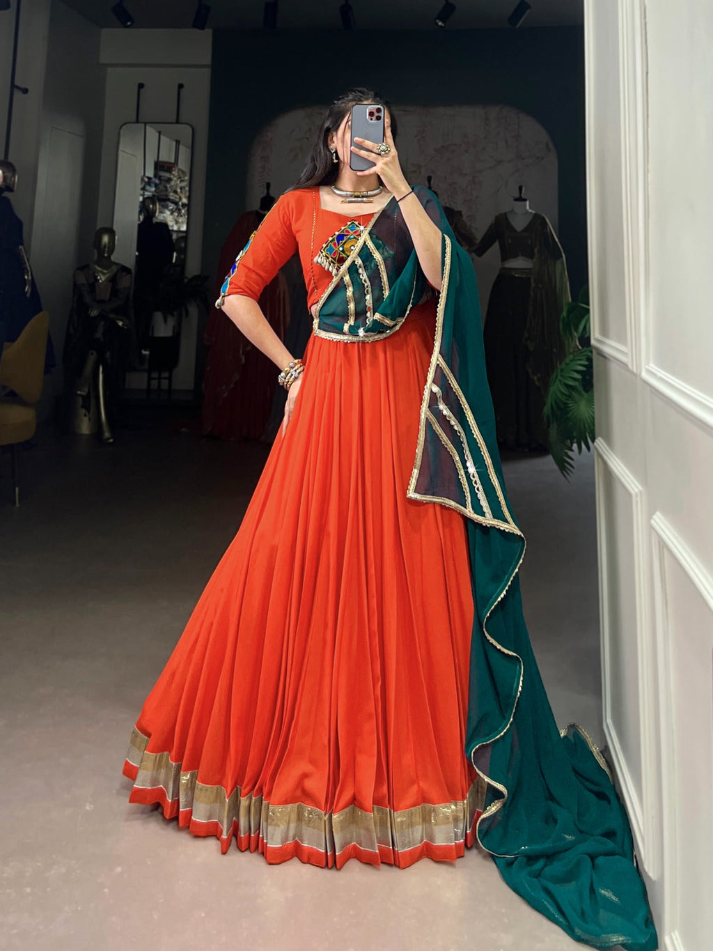Lorenvalley Orange Pure Rayon Embossed Design Lace Touch Up Lehenga Choli with Dupatta | Grocsy