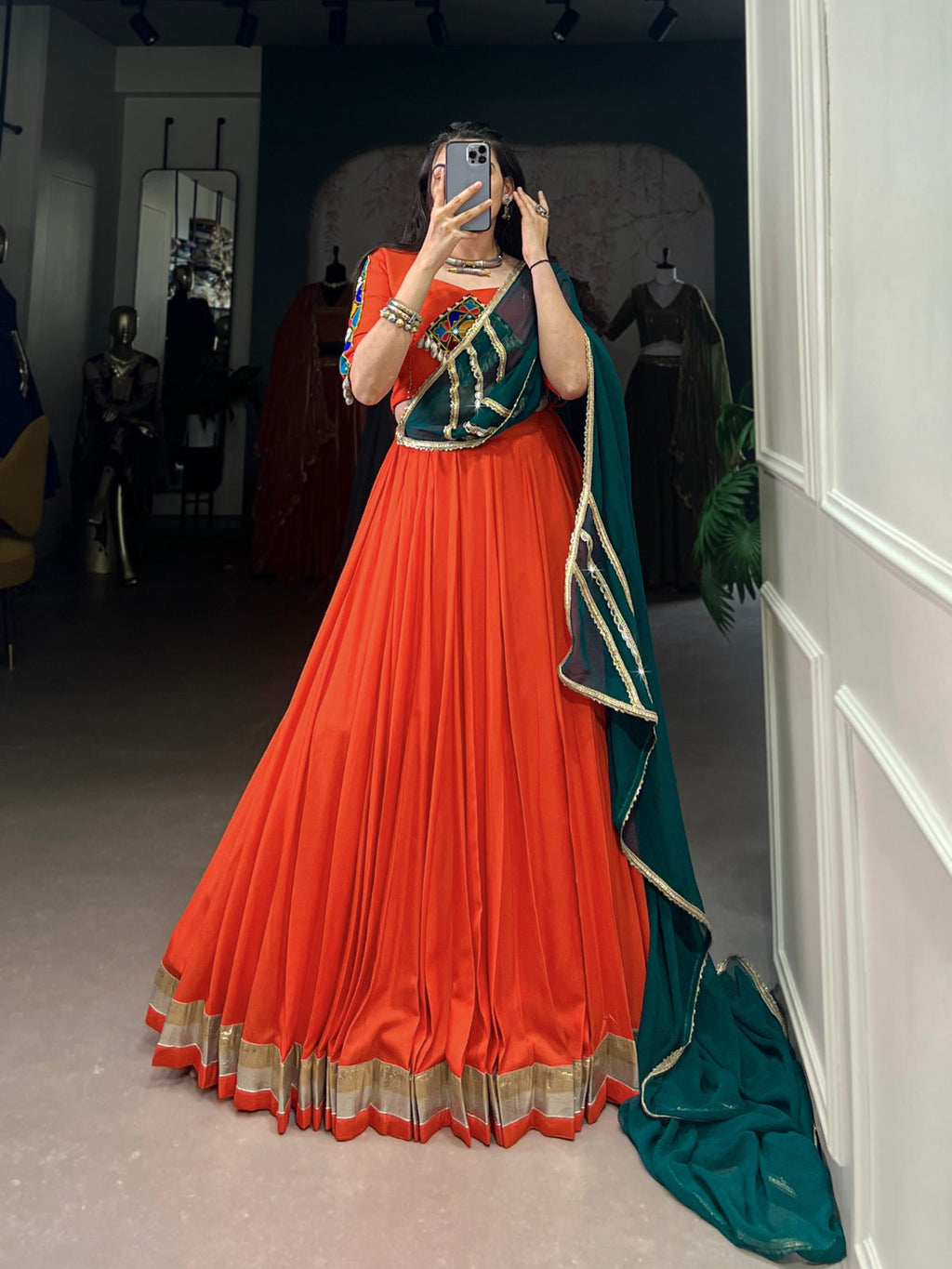 Lorenvalley Orange Pure Rayon Embossed Design Lace Touch Up Lehenga Choli with Dupatta | Grocsy