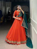 Lorenvalley Orange Pure Rayon Embossed Design Lace Touch Up Lehenga Choli with Dupatta | Grocsy