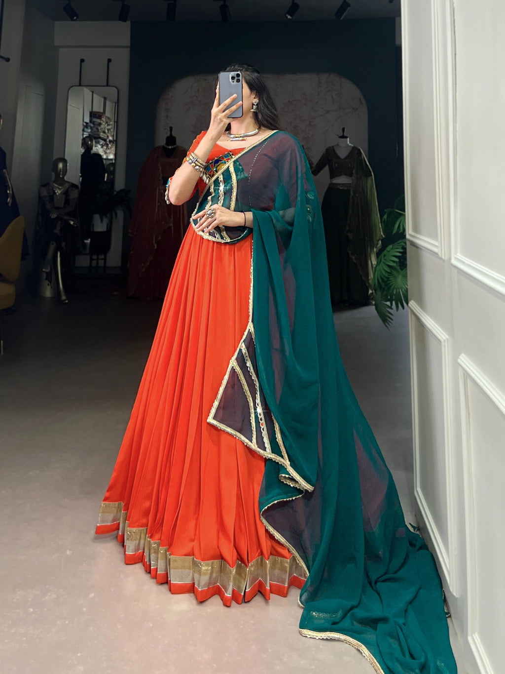 Lorenvalley Orange Pure Rayon Embossed Design Lace Touch Up Lehenga Choli with Dupatta | Grocsy